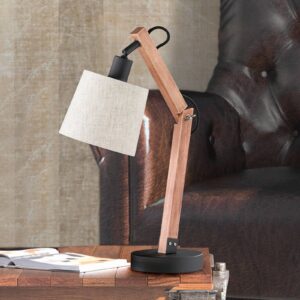 Hnědá dřev. stolní lampa Janko s text. stínidlem