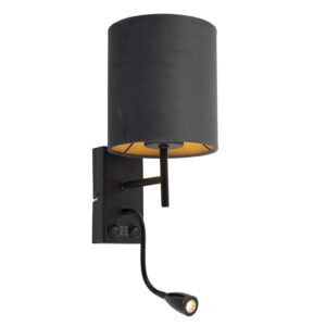 Nástěnná lampa ve stylu Art Deco černá se sametovým tmavě šedým odstínem – Stacca