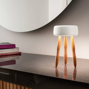OLEV Drum designová stolní lampa aku dřevo/bílá