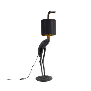 Vintage stojací lampa černá s odstínem látky černá – Crane bird To