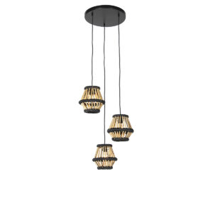 Orientální závěsné svítidlo bambusové s černým kulatým 3-světlem – Evalin