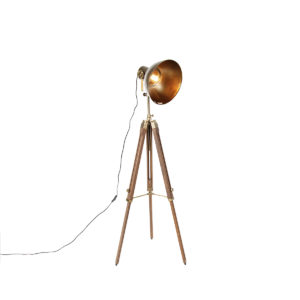 Industriële tripod vloerlamp brons met hout – Mangoes