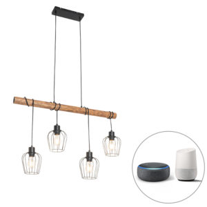 Smart hanglamp zwart met hout incl. 4 Wifi A60 – Stronk
