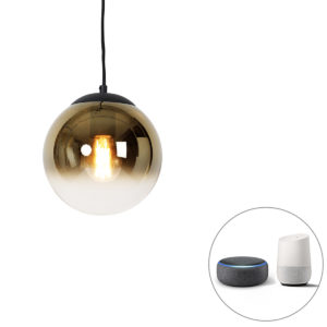 Smart hanglamp zwart met goud glas 20 cm incl. Wifi A60 - Pallon